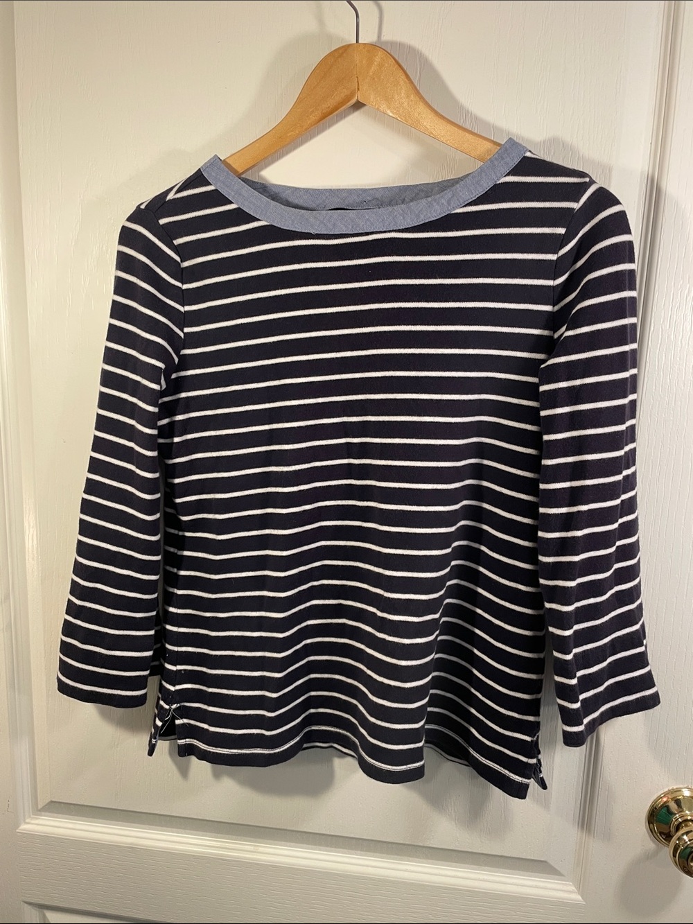 Nautica 100% Cotton Navy and White Striped Long-Sleeve Boatneck Top